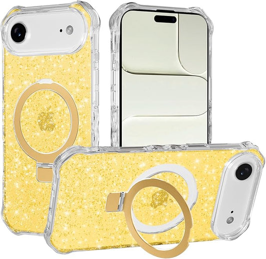 Magnetic for iPhone Air Case with Invisible Stand, Compatible with MagSafe, Clear Bling Sparkle Shockproof Slim Anti-Slip Military Drop Protection Hard Phone Case 6.5" Glitter Gold