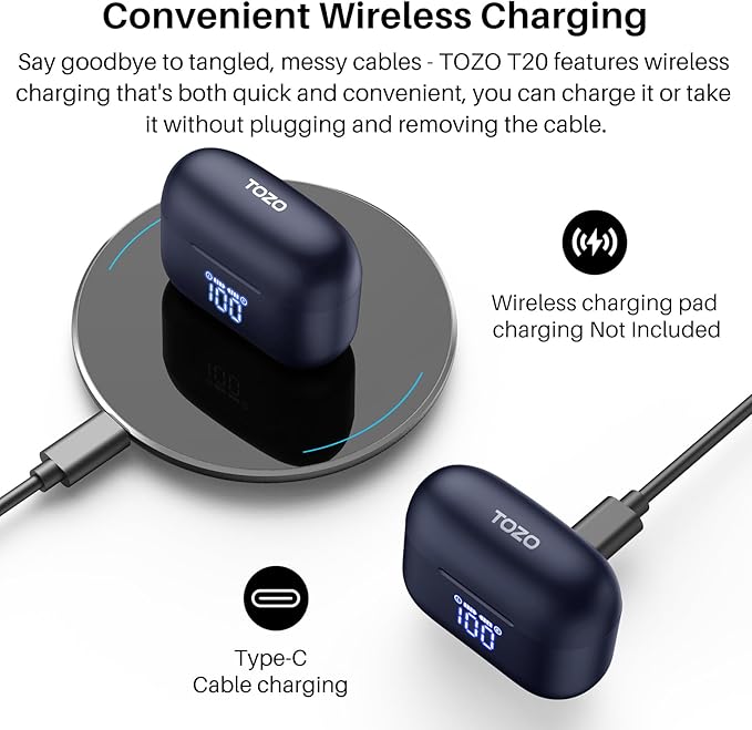 TOZO T20 Wireless Earbuds Bluetooth Headphones 48.5 Hrs Playtime with LED Digital Display, IPX8 Waterproof, Dual Mic Call Noise Cancelling 10mm Broad Range Speakers, 2025 Version