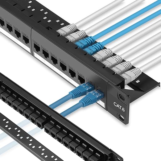 Rapink Patch Panel 24 Port Cat6 with Inline Keystone 10G Support, Pass-Thru Coupler Patch Panel UTP 19-Inch with Removable Back Bar, 1U Network Panel for Cat6, Cat5e, Cat5 Cabling