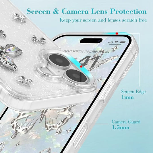 EYZUTAK Case for iPhone 17, Bling Glitter 3D Butterflies Bowknot Phone Case Cute Crystal Clear Bow Aesthetic Cover Slim Soft Durable TPU Transparent Protective Cover for Women Girls - Butterfly