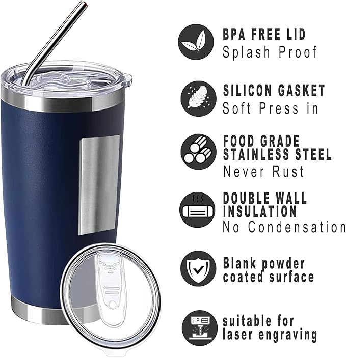 20oz insulted tumblers stainless steel cup Tumbler Bulk with push Lid, and metal straw powder coated coffee cup for cold and hot drinking (48, navy blue)