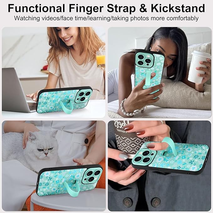 Compatible with iPhone 15 Pro Case with Finger Hand Strap Kickstand, Cute Flowers Floral Phone Case for Girls Women Men, Full Camera Protection Shockproof Protective Cover, Green Flowers