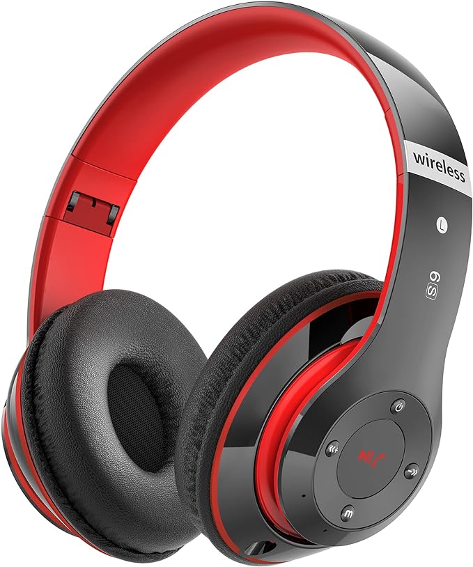 Bluetooth Headphones Over Ear, 6S Foldable Wireless Headphones with 6 EQ Modes, 40 Hours Playtime HiFi Stereo Headset with Mic, Soft Ear Pads, TF/FM for Cellphone/PC/Home (Red)