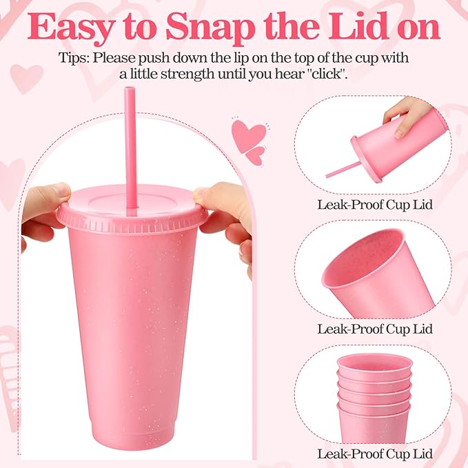 Honeydak 60 Pack Tumbler with Straw and Lid Bulk Glitter Plastic Cups Water Bottle Iced Coffee Travel Mug Reusable Party Favor Cups for Birthdays travel 24-27 oz (Light Pink)