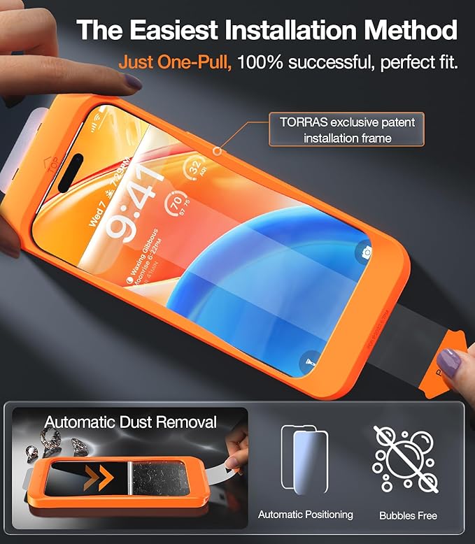 TORRAS Military-Grade Screen Protector for iPhone 15 Pro Max [9H+ Aerospace Tempered Glass＆12FT Shatterproof ] One-Step Installation Full Coverage Fit Bubble Free Top-Notch Protection, 2 Pack