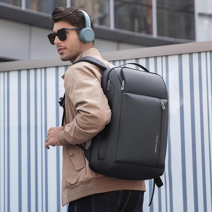 Muzee Business Backpack for Men, Travel Laptop Backpack Fits 15.6 Inch, Waterproof Expandable Bag 25L-35L, Grey Work Daypack with USB & USB-C Charging Ports, Anti-Theft Pocket, Luggage Strap