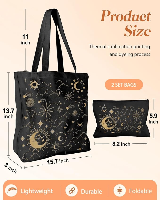 2 Pack Canvas Tote Bag - with Makeup Pouch Aesthetic Cute Women Reusable Canvas Bag for Shopping, Work, Travel