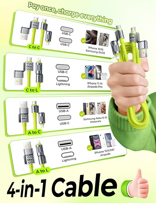 Silicone Green Cable 4-in-1 USB C Cable 60W Compatible with Lightning Cable Fast Charging & Data Transfer, Support to CarPlay & Android Auto, 5FT Multi Cord Combo Charger for iPhone/iPad