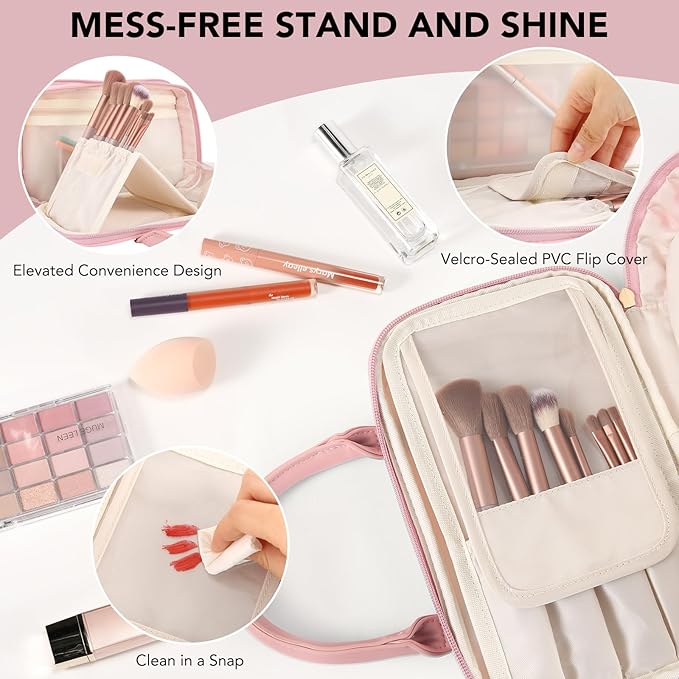 Travel Makeup Bag for Women Fashion Large Capacity Pouch Open Flat Cosmetic Portable Organizer Waterproof Large Opening Storage Toiletry Bags Vertical Free-Standing Brush Holder for Easy Access Pink