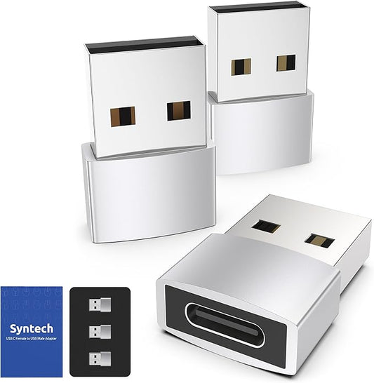 Syntech USB C Female to USB A Male Adapter 3 Pack, Type C Charger Cable Power Adapter Compatible with iPad Air 7, iPhone 17/16/15/14 Pro Max, Apple Watch Series 10/9/8, Samsung Galaxy S20 etc, Silver