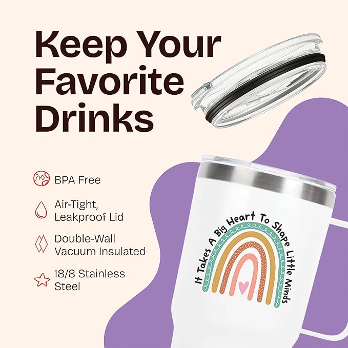 KLUBI It Takes a Big Heart to Shape Little Minds Tumbler With Handle And Straw 20 Ounce Teacher Appreciation Gifts for Women Thank You Gifts for Women Nanny Gift Travel Mug Preschool Teacher Gift