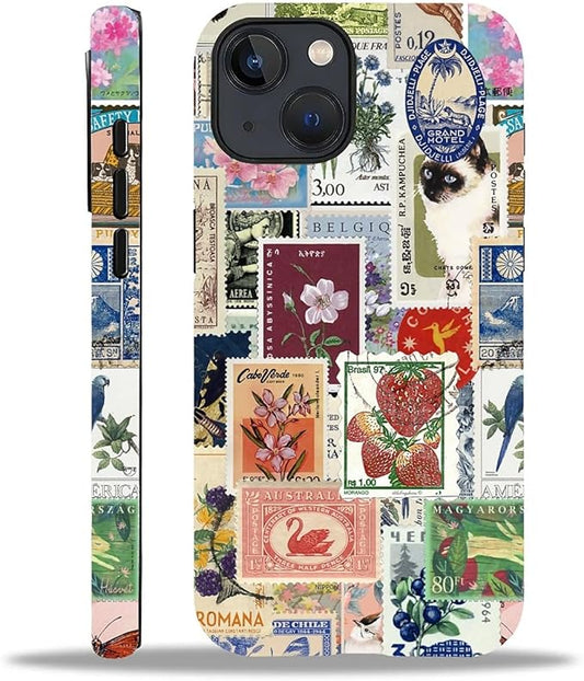 Case for iPhone 13 iPhone 14,Vintage Stamp Collage for Woman Men Full Body Protective Cover Shockproof 2 in 1 Silicone + Hard PC Design Case