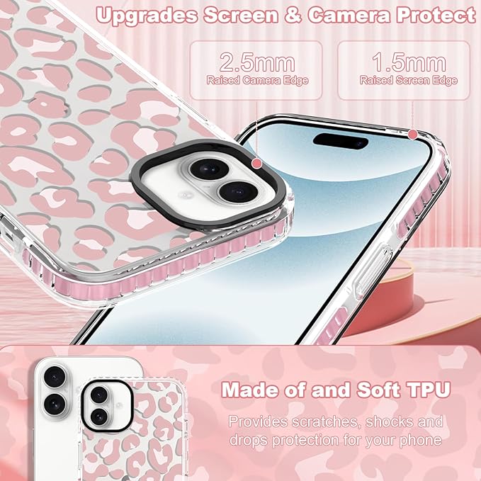 ZIYE Clear Case for iPhone 16 Phone Case Pink Leopard Design Shockproof Soft TPU Bumper Protective for Women Girls Girly Cute Cover