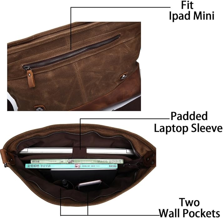 Laptop Messenger Bag 15.6" for Men Waxed Canvas Vintage Leather Business Briefcase Shoulder Bags Waterproof