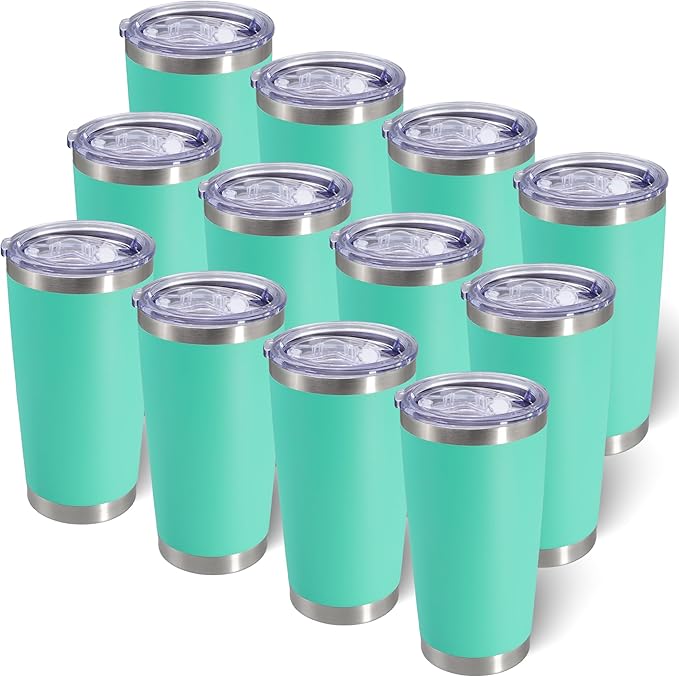 20oz Tumbler Bulk Stainless Steel Tumblers with Lid Vacuum Insulated Double Wall Travel Coffee Mug Powder Coated Tumbler Cup for Hot and Cold Drinks(Light Blue, 12 pack)