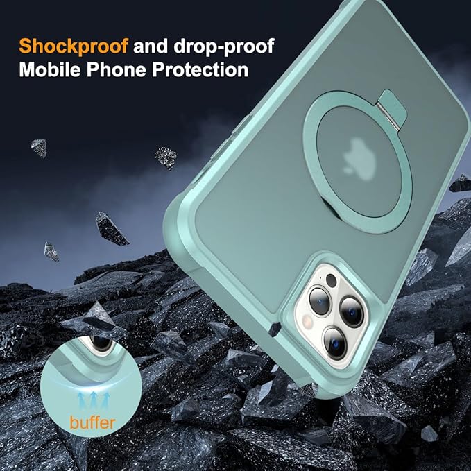 Magnetic Compatible with iPhone 12 Pro Max Case with Stand [Military Grade Drop Tested][Compatible with Magnet] Ring Translucent Slim Hard Back Soft Edge, Teal Green