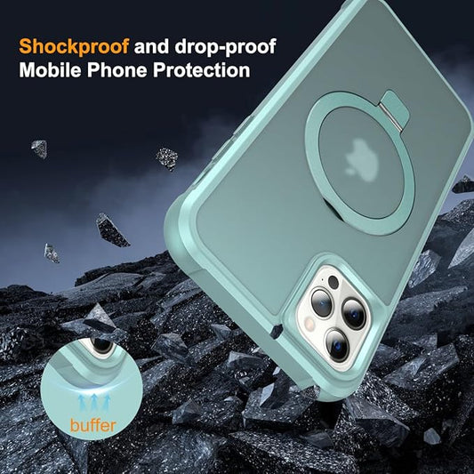 Magnetic Compatible with iPhone 12 Pro Max Case with Stand [Military Grade Drop Tested][Compatible with Magnet] Ring Translucent Slim Hard Back Soft Edge, Teal Green