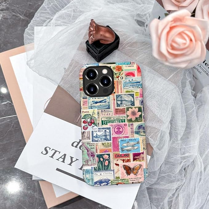 DAIZAG Case Compatible with iPhone 16 Pro Max,Fit Shockproof Cover for Women Girls,Retro Stamp Collage