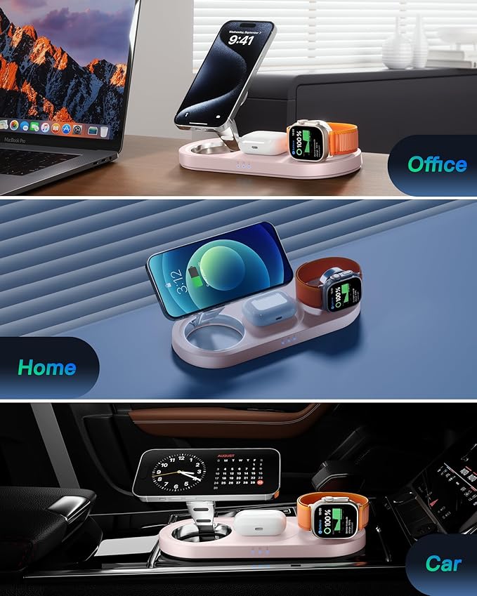 Upgraded 3 in 1 Wireless Charging Station for Apple Devices, Faster Mag-Safe Charger Stand, Magnetic Charger Station for iPhone 16/15/14/13/12 Series & AirPods Pro & Apple Watch Series （Pink）