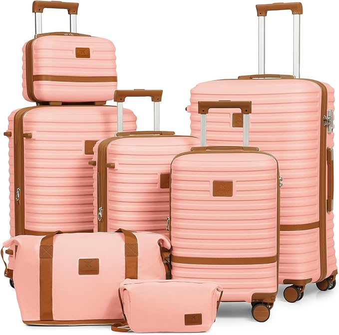 Joyway Luggage Set 7 Piece Suitcase Sets with Spinner Wheel,Hardside Expandable Travel Laggage with TSA Lock(18/20/24/28 Pink)
