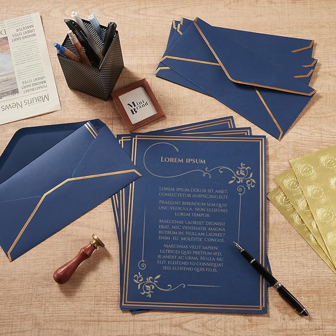 50 Pack Stationery Set with Gold Border, #10 Business Envelopes and 8.5x11 Paper Sheets and Stickers for Writing Letters (Navy Blue, 8.5x11 Inches)