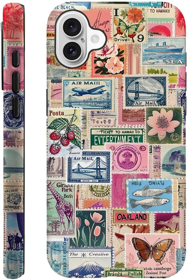 DAIZAG Case Compatible with iPhone 16,Fit Shockproof Cover for Women Girls,Retro Stamp Collage