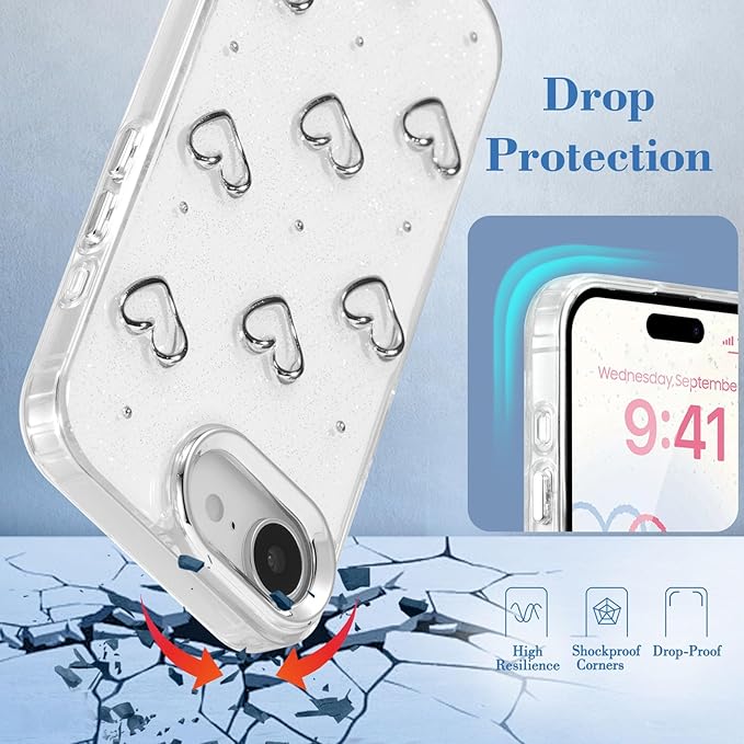 EYZUTAK Case for iPhone 16e, Bling Glitter 3D Hearts Phone Case Cute Sparkly Crystal Clear Heart Aesthetic Design Cover Slim Soft Durable TPU Transparent Protective Cover for Women Girls - Heart