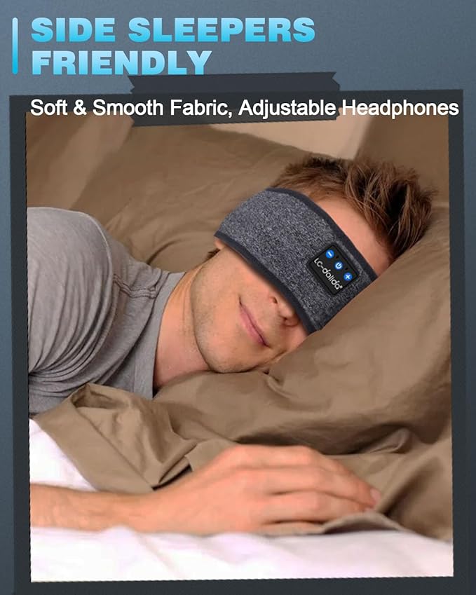 LC-dolida Sleep Headphones Bluetooth Headband, Headband, Sleep Mask with Bluetooth Thin HD Stereo Speakers Perfect for Side Sleepers, Sport, Yoga, Travel, Gray