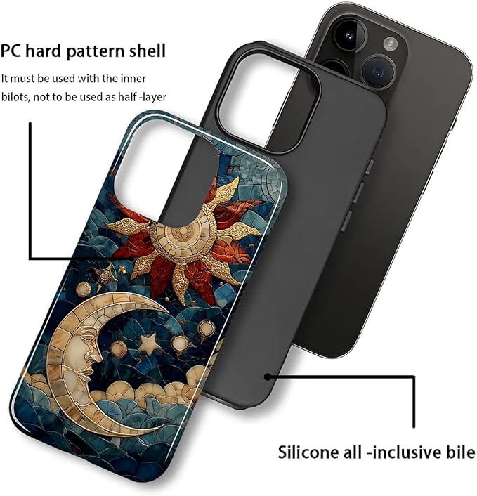 Case for iPhone 15 Case,Sun Moon Stars Faux Stained Glass Design - Hybrid Dual Protection Silicone + Hard PC Shockproof Full Body Cover Slim Anti-Scratch Protective Case for Men Women
