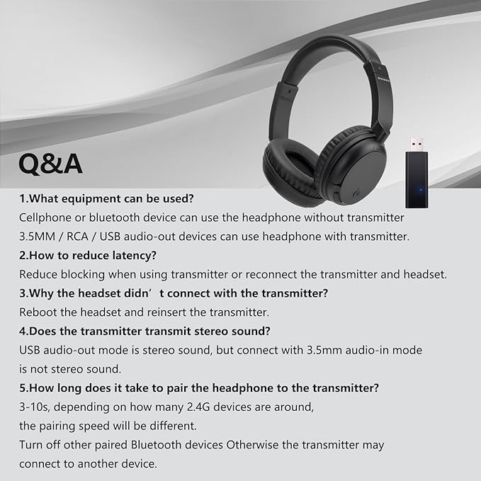 Wireless Bluetooth Headphone Over Ear, Bluetooth Transmitter for TV,PC,3.5mm Audio Device, Wired and Wireless Headset (Black)