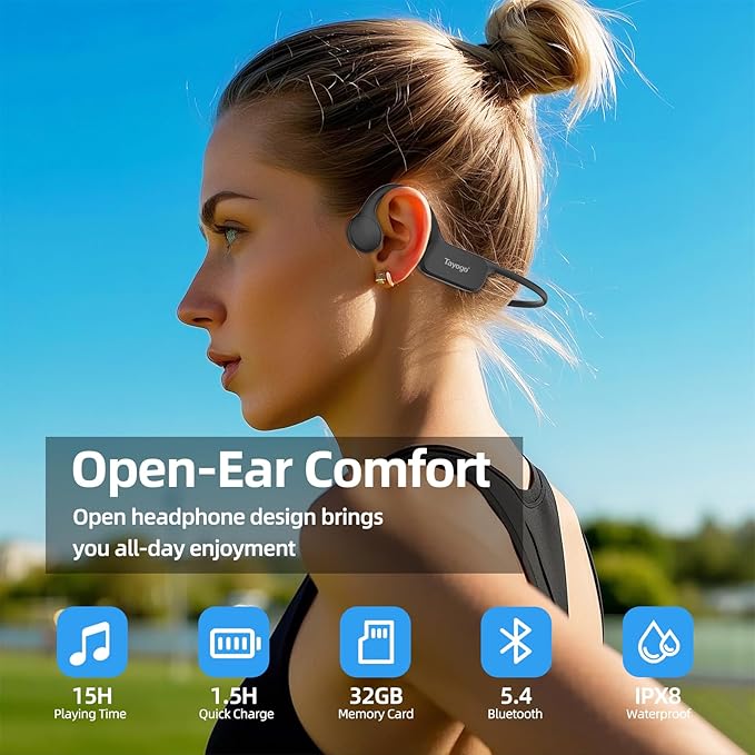 Tayogo Swimming Headphones, IPX68 Waterproof Bone Conduction Headphone Bluetooth 5.4, Open Ear Headset,32G of MP3 Player, Running, Cycling, Earbuds Underwater