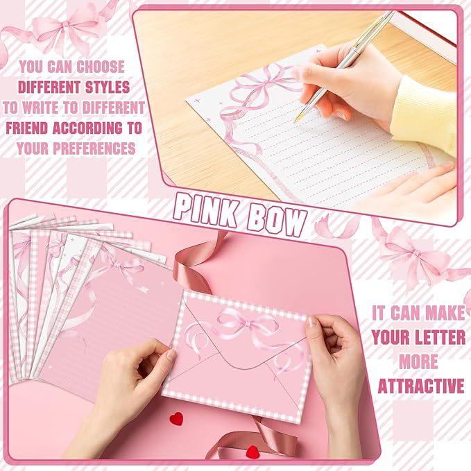 TaoBary 160 Pcs Stationery Paper Set 50 Double Sided Stationery Papers with 50 Matching Envelopes and 60 Round Dot Sticker, 10 Design(Pink Bow,5.5 x 8.25 Inch)