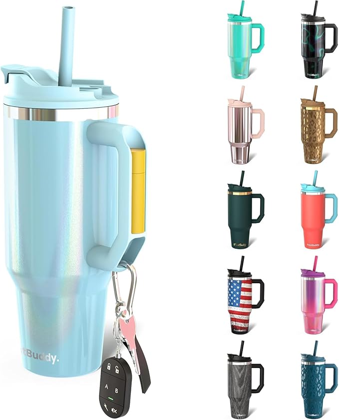 Frost Buddy Thicc Buddy - 40 oz Stainless Steel Vacuum Insulated Tumbler with Lid and Straw for Water - Travel Mug Cupholder Friendly - Gifts for Women Men Him Her (Sky Blue Glitter)