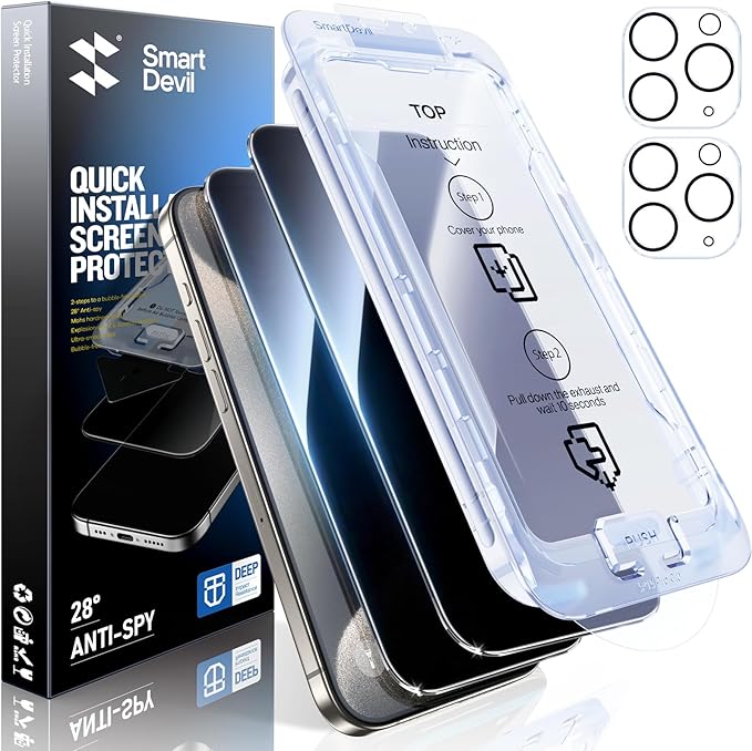 SMARTDEVIL 2+2Pack Privacy Screen Protector for iPhone 15 Pro Max with Camera Lens Protector,Shatterproof Tempered Glass[True 28°Anti Spy][9H Hardness][Automatic Dust-Elimination Install]