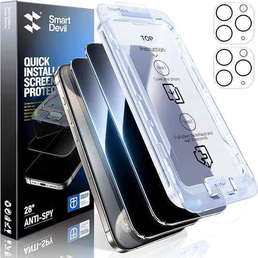 SMARTDEVIL 2+2Pack Privacy Screen Protector for iPhone 15 Pro Max with Camera Lens Protector,Shatterproof Tempered Glass[True 28°Anti Spy][9H Hardness][Automatic Dust-Elimination Install]