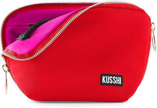 KUSSHI Washable Travel Makeup Bag for Purse (Everyday, Candy Apple Red/Pink)