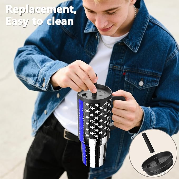 TILUCK 40 oz Tumbler with Handle, Vacuum Insulated Stainless Steel Travel Mug with 100% Leak-Proof Silicone Straw Lid, Cupholder Friendly Water Bottle(BlackFlag, 40oz)