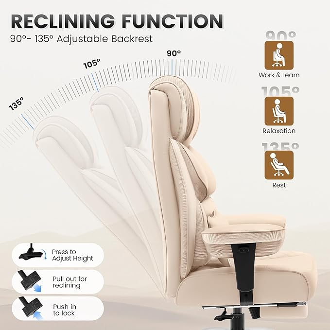 Office Desk Chair, Big and Tall Leather Gaming Chair with Footrest, Wide Ergonomic Comfy Executive High-Back Reclining Computer Chairs, Swivel Rolling Wheels and Padded Lumbar Support, Beige
