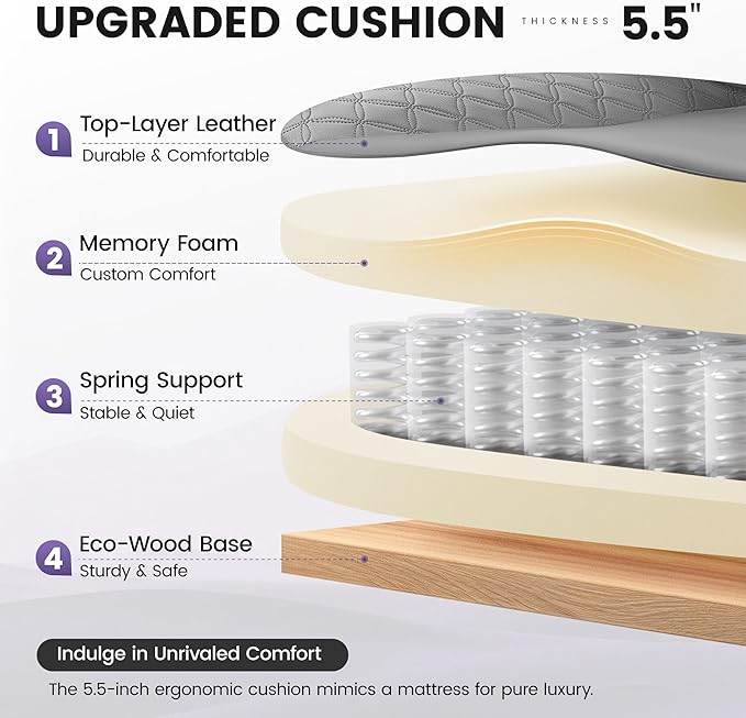 Office Desk Chair, Big and Tall Leather Gaming Chair with Footrest, Wide Ergonomic Comfy Executive High-Back Reclining Computer Chairs, Swivel Rolling Wheels and Padded Lumbar Support, Gray