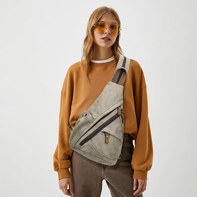 KL928 PU Leather Sling Bag - Small Crossbody Backpack Shoulder Casual Daypack Rucksack for Men Women Outdoor Cycling Hiking Travel (6881-PU-Olive Green)