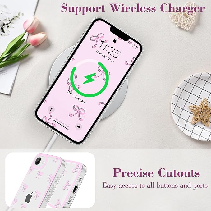 EYZUTAK Case for iPhone 16e, Clear Cute Ribbon Bowknot Pattern Aesthetic Transparent Phone Case Raised Camera Protection Stylish Slim Soft Durable TPU Protective Cover for Women Girls - Pink