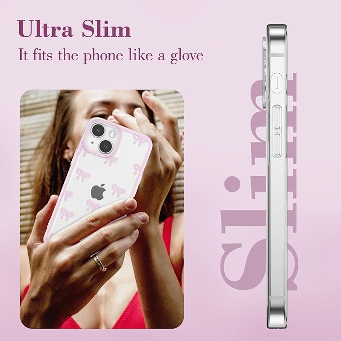 EYZUTAK Case for iPhone 14, Clear Cute Ribbon Bowknot Pattern Aesthetic Transparent Phone Case Raised Camera Protection Stylish Slim Soft Durable TPU Protective Cover for Women Girls - Pink