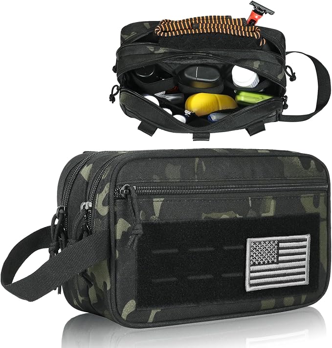 DBTAC Tactical Toiletry Bag for Men | Dry Wet Separate Hygiene Bag Compact Dopp Kit Mens Shaving Kit Travel shower Bag (Black Camo)