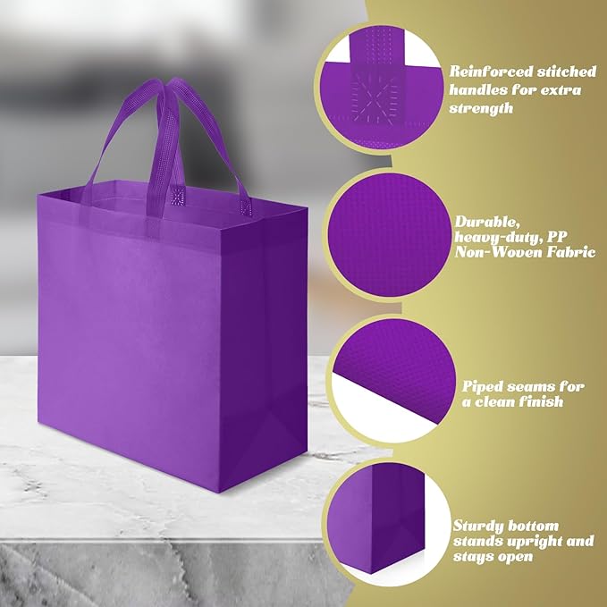 Reginary Reusable Totes Bags - 100 Pcs Non Woven Grocery Handle Bags for Shop Events & Retail Store(Purple)