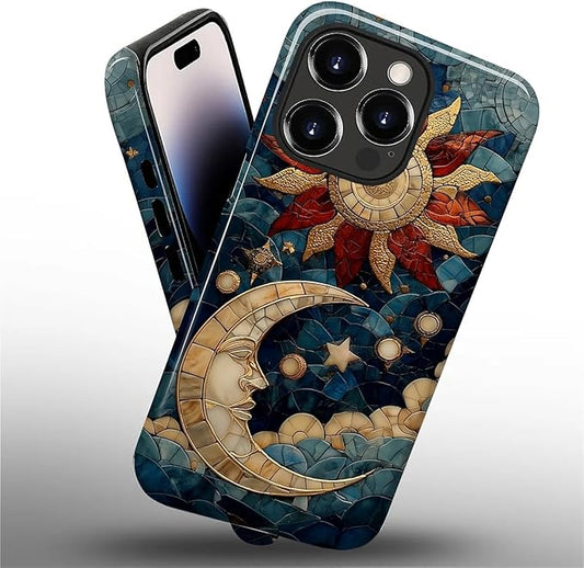 Case for iPhone 14 Pro Case,Sun Moon Stars Faux Stained Glass Design - Hybrid Dual Protection Silicone + Hard PC Shockproof Full Body Cover Slim Anti-Scratch Protective Case for Men Women