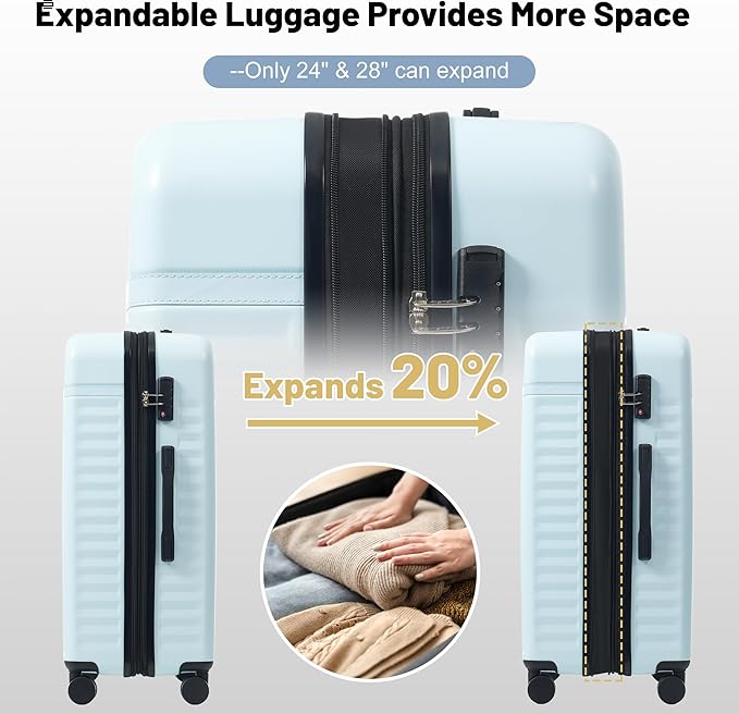 Merax Luggage Sets Front Opening, 2 Piece Hardshell Suitcase with Spinner Wheels and Bags,Lightweight Carry on Luggage with USB Port,20+24,Light Blue