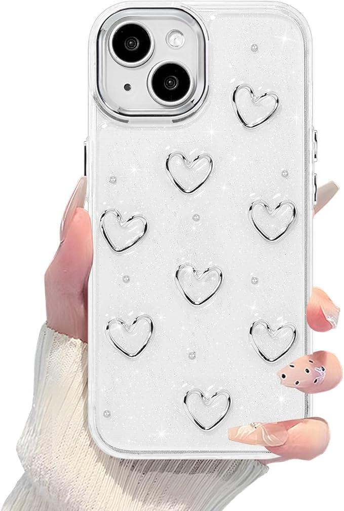 EYZUTAK Case for iPhone 15 Plus, Bling Glitter 3D Hearts Phone Case Cute Sparkly Crystal Clear Heart Aesthetic Design Case Slim Soft Durable TPU Transparent Protective Cover for Women Girls - Heart