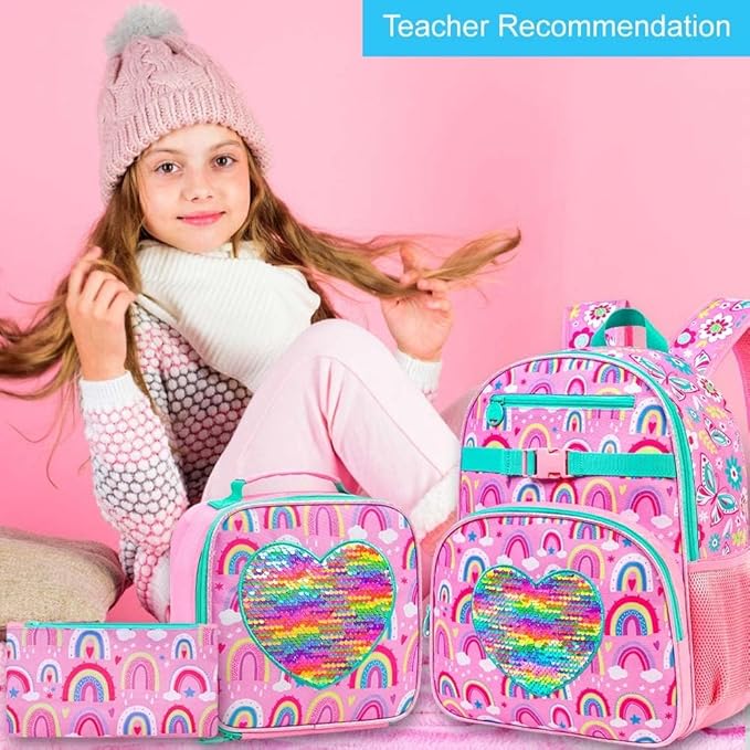 3pcs Girls Backpack, 16" Rainbow Sequin Bookbag with Lunch Box, Kids School Backpacks for Elementary Kindergarten Preschool(Pink)