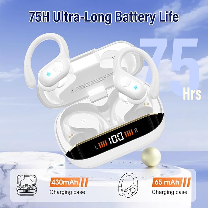 Wireless Earbuds Bluetooth 5.4 Headphones 75H Stereo Deep Bass Sports Over Ear Buds with Earhooks, LED Display Bluetooth Earbuds with 4 ENC Mic, IP7 Waterproof Earphone for Running, White