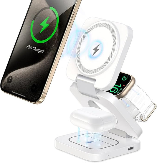 Wireless Charger for iPhone, KU XIU 3 in 1 Travel Charging Station for iPhone 17/16/15/14/13/12 Series, 5W Foldable Charger for Apple Watch10/9/8/7/6/5/4/3/SE, for Airpods 4/3/2/Pro